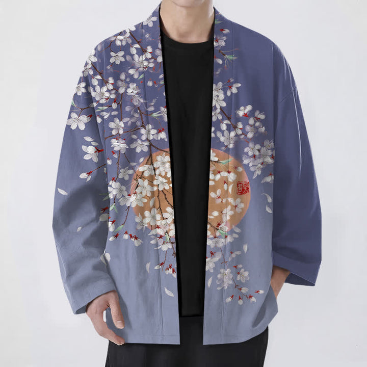 Buddha Stones Kimono de hombre de algodón blanco con estampado de flores de cerezo y frente abierto - Azul pizarra - US/UK/AU48, UE58 (4XL) - image 6