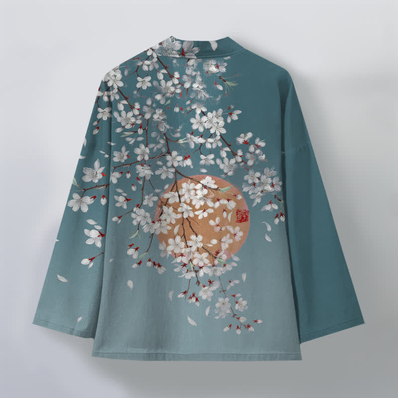 Buddha Stones Kimono de hombre de algodón blanco con estampado de flores de cerezo y frente abierto - image 11