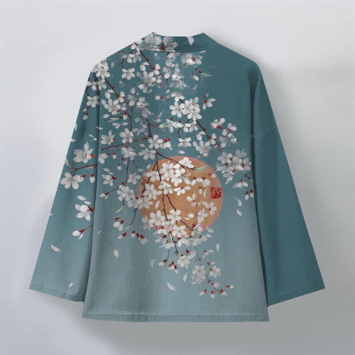 Buddha Stones Kimono de hombre de algodón blanco con estampado de flores de cerezo y frente abierto - image 11