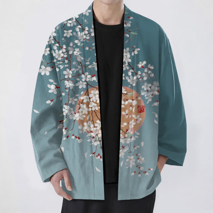 Buddha Stones Kimono de hombre de algodón blanco con estampado de flores de cerezo y frente abierto - Verde azulado - US/UK/AU48, UE58 (4XL) - image 9