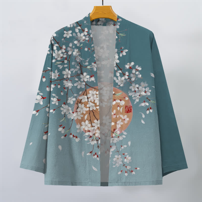 Buddha Stones Kimono de hombre de algodón blanco con estampado de flores de cerezo y frente abierto - image 10