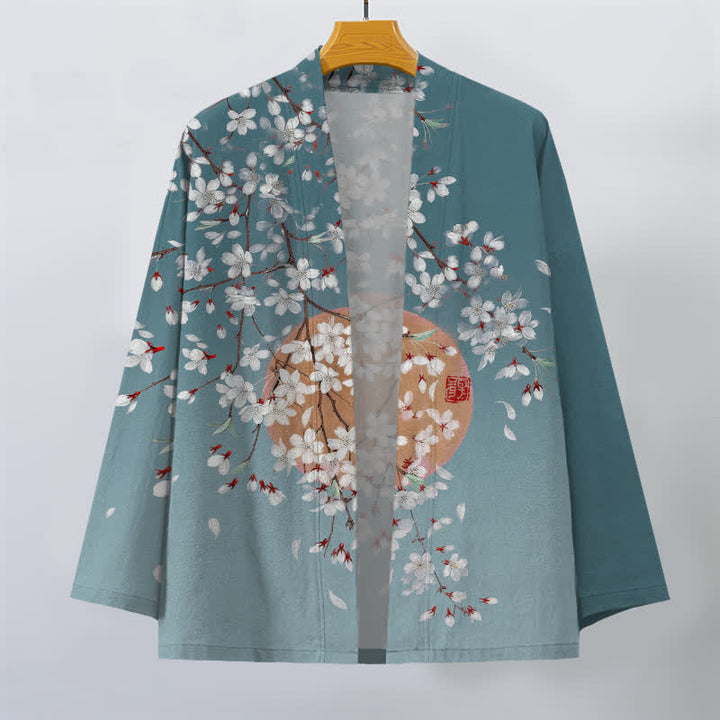 Buddha Stones Kimono de hombre de algodón blanco con estampado de flores de cerezo y frente abierto - image 10
