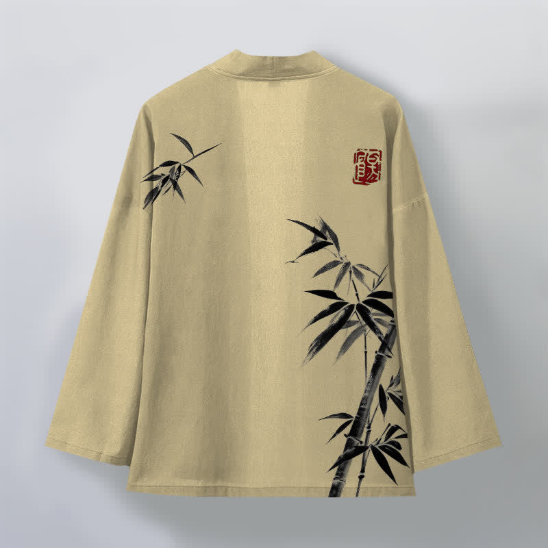 Buddha Stones Kimono de hombre de algodón con estampado asimétrico de bambú y frente abierto. - image 2