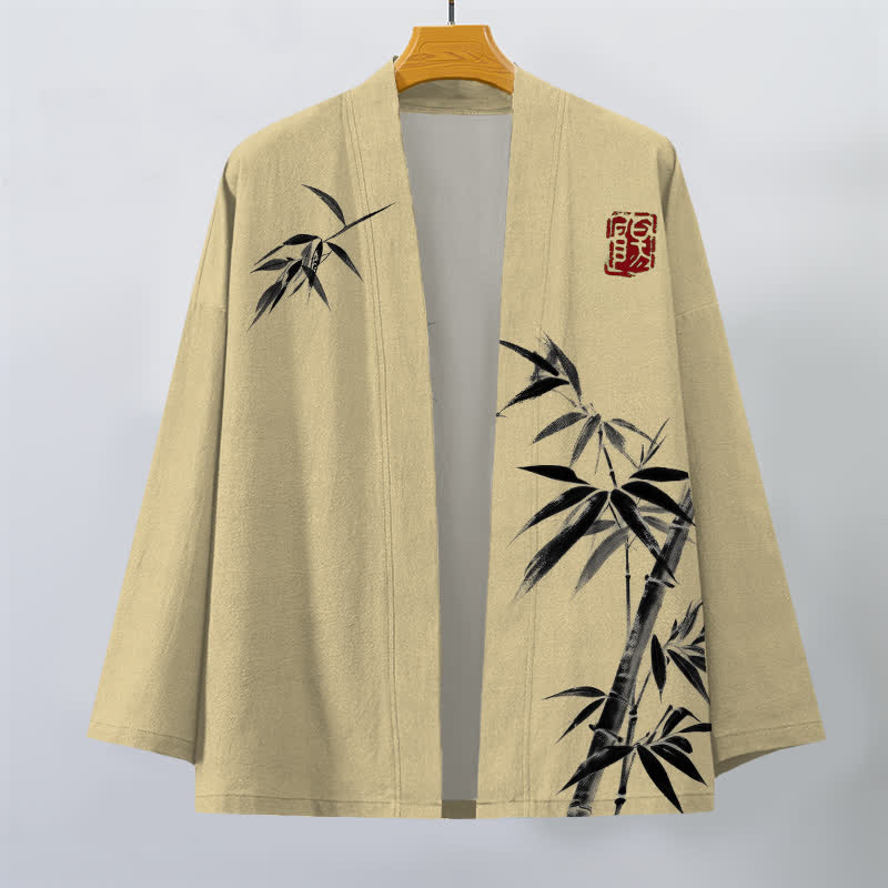 Buddha Stones Kimono de hombre de algodón con estampado asimétrico de bambú y frente abierto. - image 1