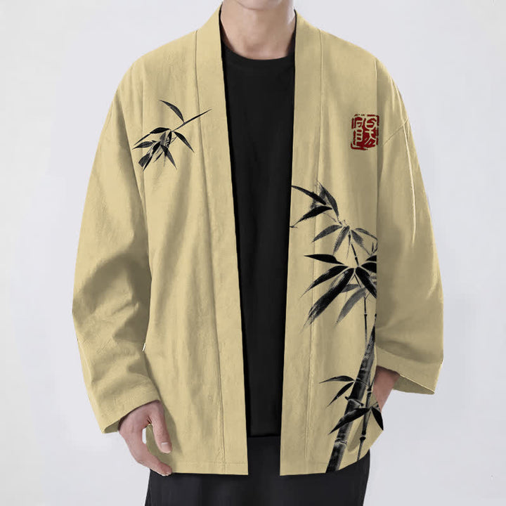 Buddha Stones Kimono de hombre de algodón con estampado asimétrico de bambú y frente abierto. - Trigo - US/UK/AU48, UE58 (4XL) - image 0