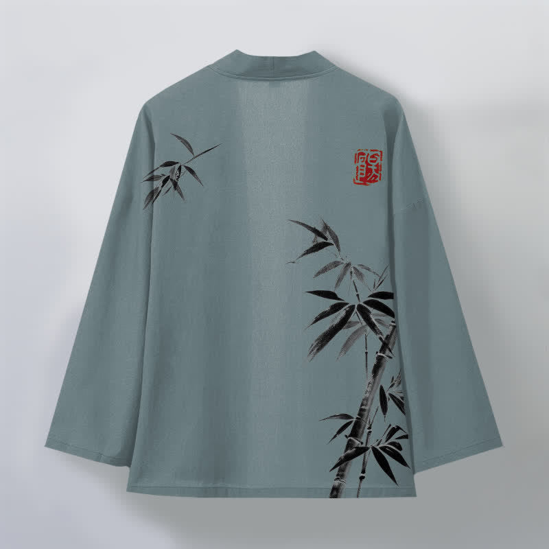 Buddha Stones Kimono de hombre de algodón con estampado asimétrico de bambú y frente abierto. - image 8