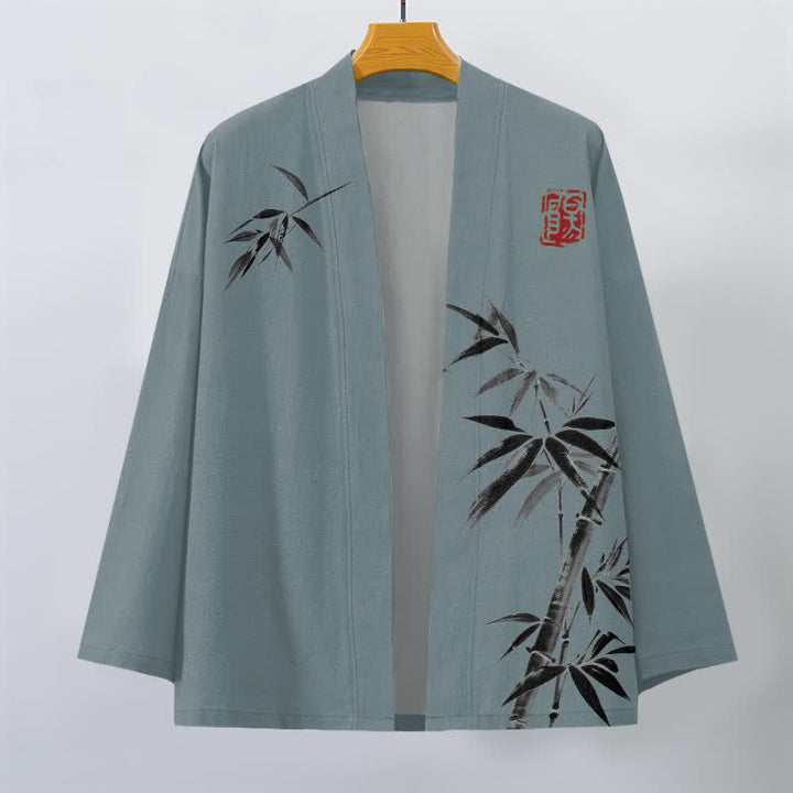 Buddha Stones Kimono de hombre de algodón con estampado asimétrico de bambú y frente abierto. - image 7