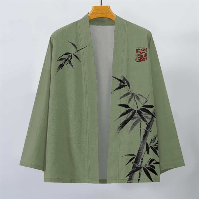 Buddha Stones Kimono de hombre de algodón con estampado asimétrico de bambú y frente abierto. - image 10