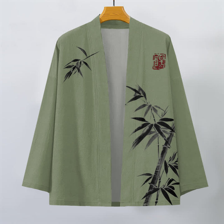Buddha Stones Kimono de hombre de algodón con estampado asimétrico de bambú y frente abierto. - image 10