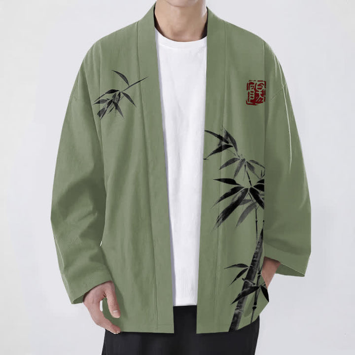 Buddha Stones Kimono de hombre de algodón con estampado asimétrico de bambú y frente abierto. - Verde oliva - US/UK/AU48, UE58 (4XL) - image 9