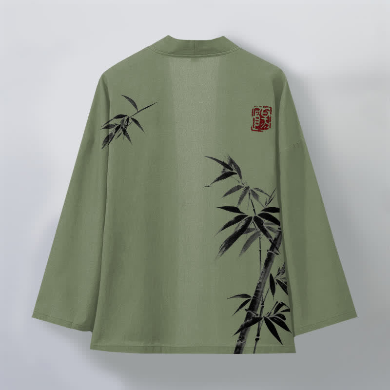 Buddha Stones Kimono de hombre de algodón con estampado asimétrico de bambú y frente abierto. - image 11