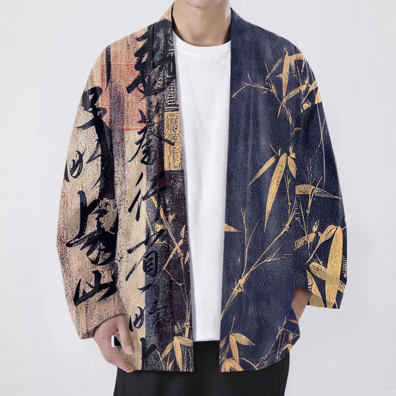 Buddha Stones Kimono de hombre de algodón con estampado de bambú y caligrafía zen, con frente abierto. - Marina de guerra - US/UK/AU48, UE58 (4XL) - image 0