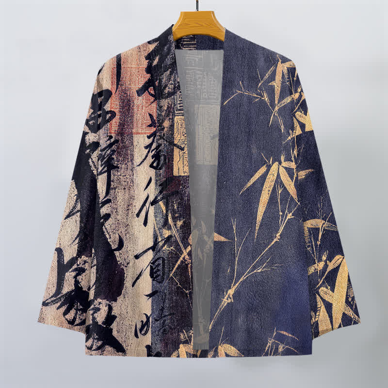 Buddha Stones Kimono de hombre de algodón con estampado de bambú y caligrafía zen, con frente abierto. - image 1