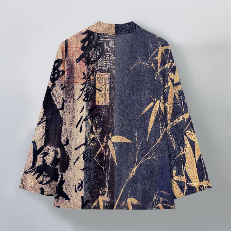 Buddha Stones Kimono de hombre de algodón con estampado de bambú y caligrafía zen, con frente abierto. - image 2