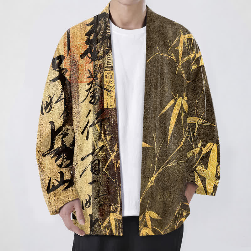 Buddha Stones Kimono de hombre de algodón con estampado de bambú y caligrafía zen, con frente abierto. - vara de oro - US/UK/AU48, UE58 (4XL) - image 6