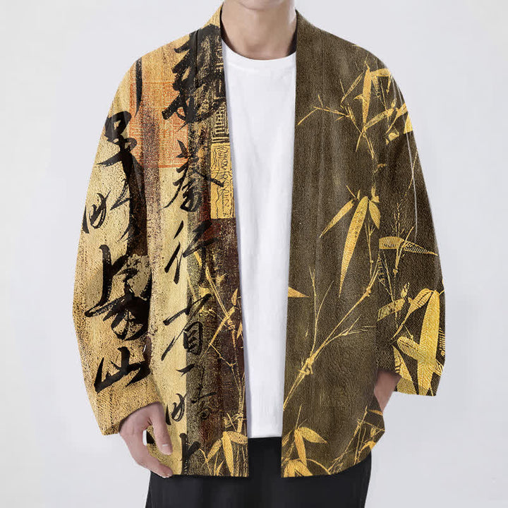 Buddha Stones Kimono de hombre de algodón con estampado de bambú y caligrafía zen, con frente abierto. - vara de oro - US/UK/AU48, UE58 (4XL) - image 6