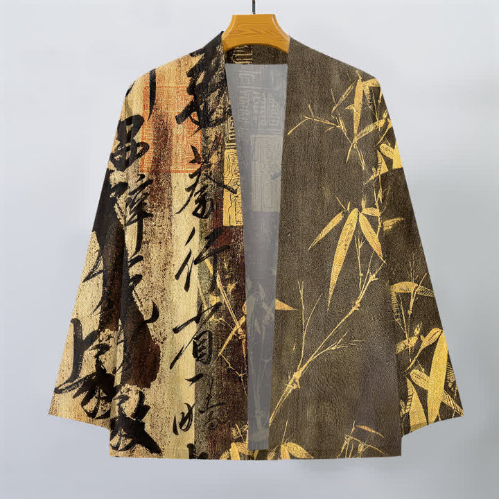 Buddha Stones Kimono de hombre de algodón con estampado de bambú y caligrafía zen, con frente abierto. - image 7