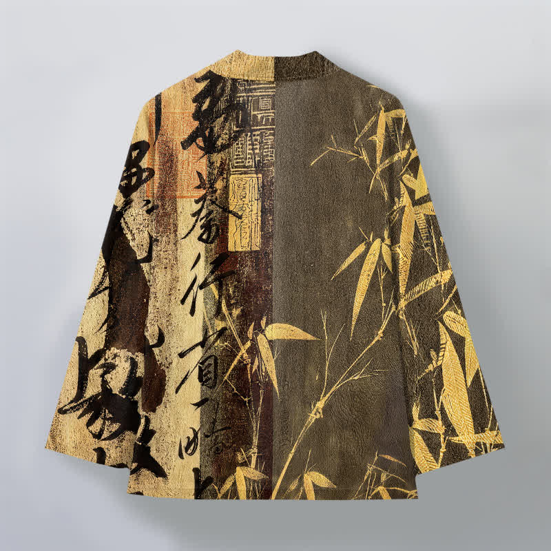 Buddha Stones Kimono de hombre de algodón con estampado de bambú y caligrafía zen, con frente abierto. - image 8