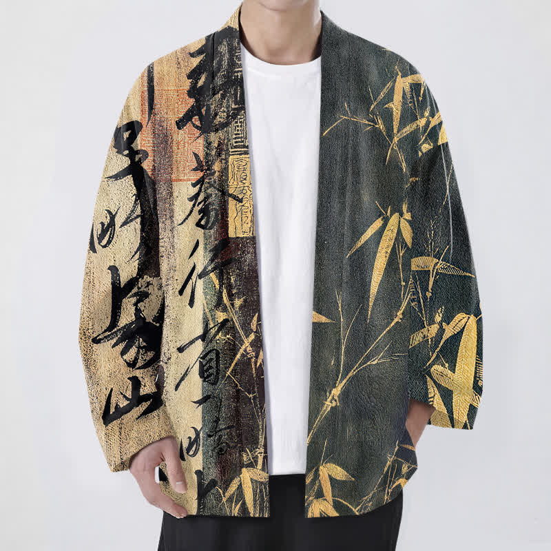 Buddha Stones Kimono de hombre de algodón con estampado de bambú y caligrafía zen, con frente abierto. - Gris - US/UK/AU48, UE58 (4XL) - image 9