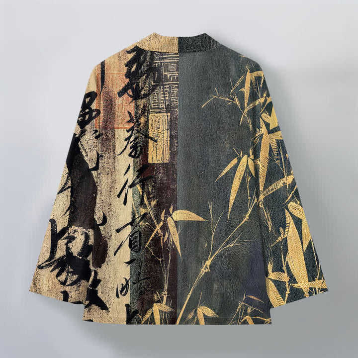Buddha Stones Kimono de hombre de algodón con estampado de bambú y caligrafía zen, con frente abierto. - image 11