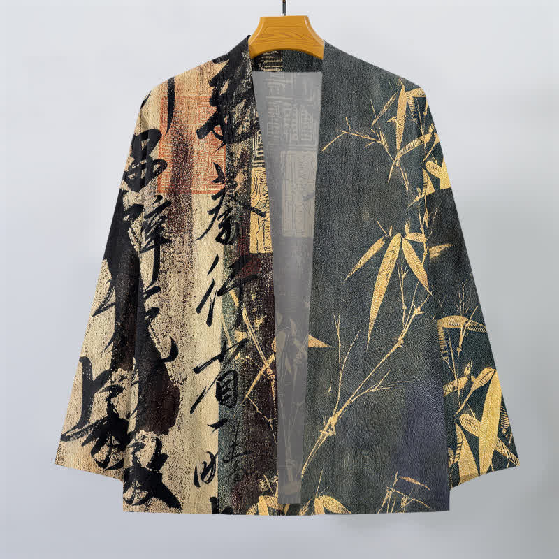Buddha Stones Kimono de hombre de algodón con estampado de bambú y caligrafía zen, con frente abierto. - image 10