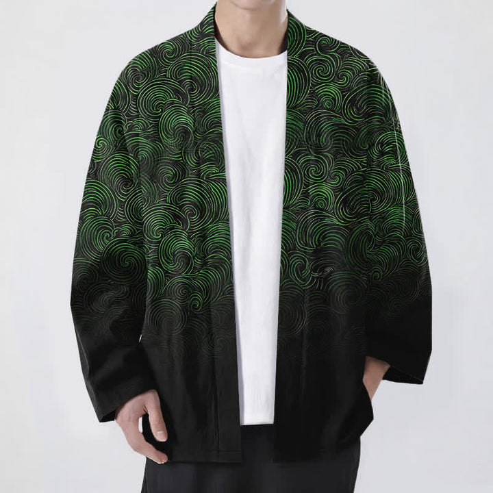 Buddha Stones Kimono de hombre con estampado degradado en espiral de algodón y frente abierto - Verde oscuro - US/UK/AU48, UE58 (4XL) - image 0