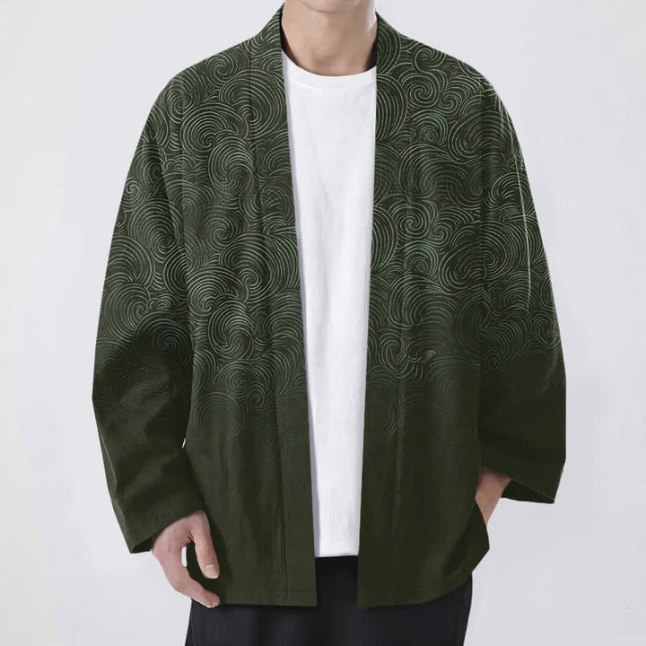 Buddha Stones Kimono de hombre con estampado degradado en espiral de algodón y frente abierto - Verde oliva oscuro - US/UK/AU48, UE58 (4XL) - image 6