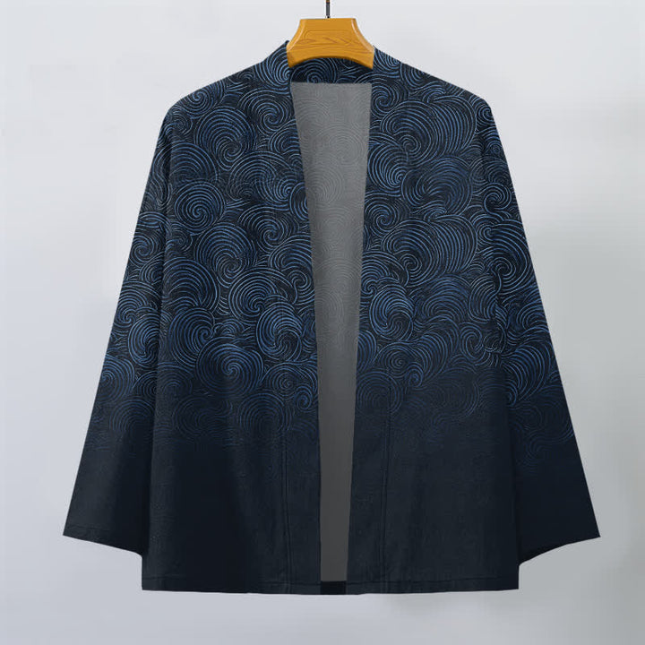 Buddha Stones Kimono de hombre con estampado degradado en espiral de algodón y frente abierto - image 10