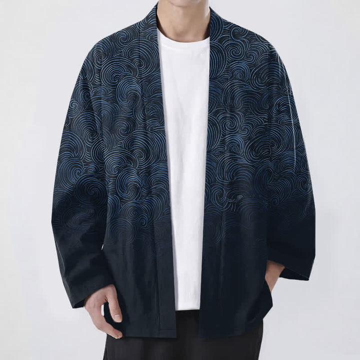 Buddha Stones Kimono de hombre con estampado degradado en espiral de algodón y frente abierto - Marina de guerra - US/UK/AU48, UE58 (4XL) - image 9