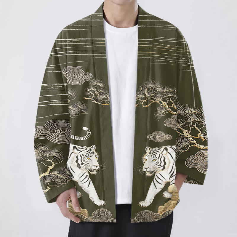 Buddha Stones Kimono de hombre con frente abierto, estampado de pino y nubes de tigre blanco, algodón. - Aceituna - US/UK/AU48, UE58 (4XL) - image 0