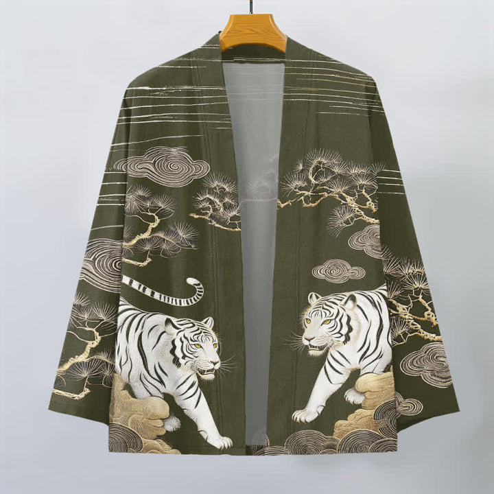 Buddha Stones Kimono de hombre con frente abierto, estampado de pino y nubes de tigre blanco, algodón. - image 1