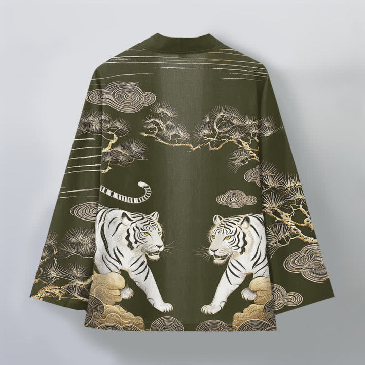 Buddha Stones Kimono de hombre con frente abierto, estampado de pino y nubes de tigre blanco, algodón. - image 2
