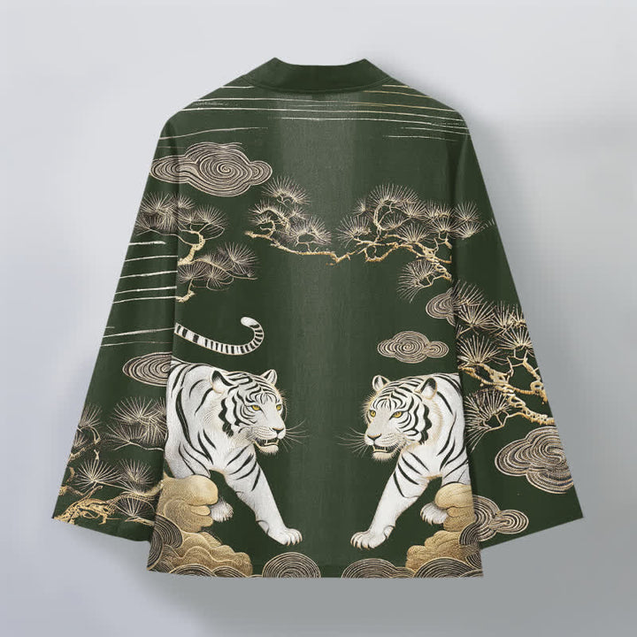 Buddha Stones Kimono de hombre con frente abierto, estampado de pino y nubes de tigre blanco, algodón. - image 8