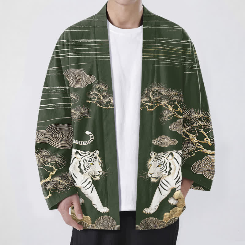 Buddha Stones Kimono de hombre con frente abierto, estampado de pino y nubes de tigre blanco, algodón. - Verde oscuro - US/UK/AU48, UE58 (4XL) - image 6