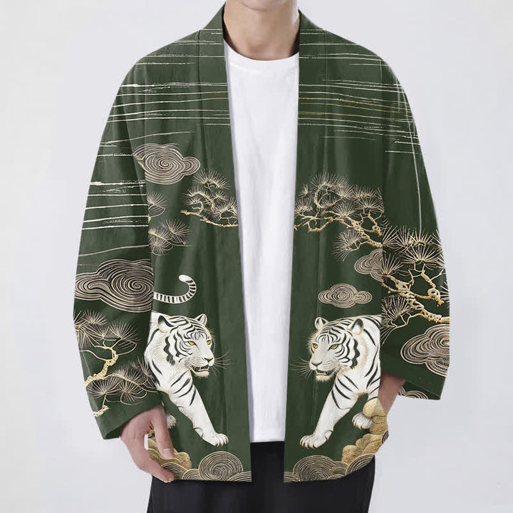 Buddha Stones Kimono de hombre con frente abierto, estampado de pino y nubes de tigre blanco, algodón. - Verde oscuro - US/UK/AU48, UE58 (4XL) - image 6