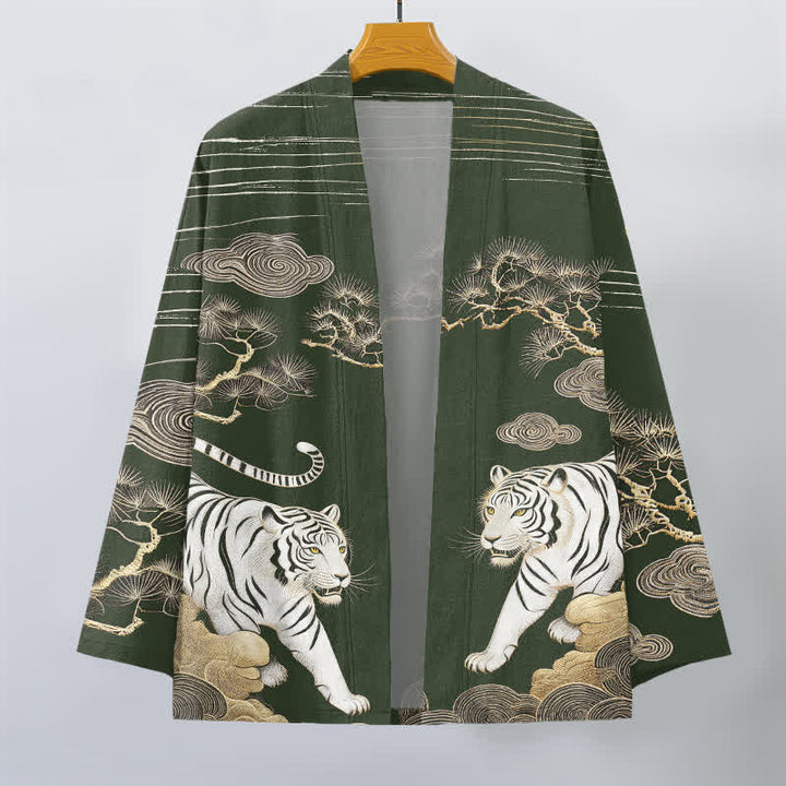 Buddha Stones Kimono de hombre con frente abierto, estampado de pino y nubes de tigre blanco, algodón. - image 7