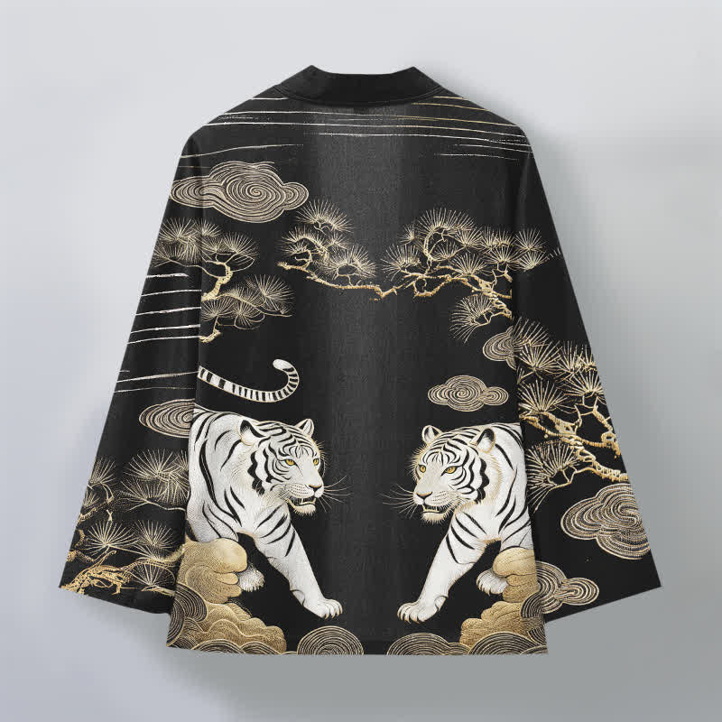 Buddha Stones Kimono de hombre con frente abierto, estampado de pino y nubes de tigre blanco, algodón. - image 11