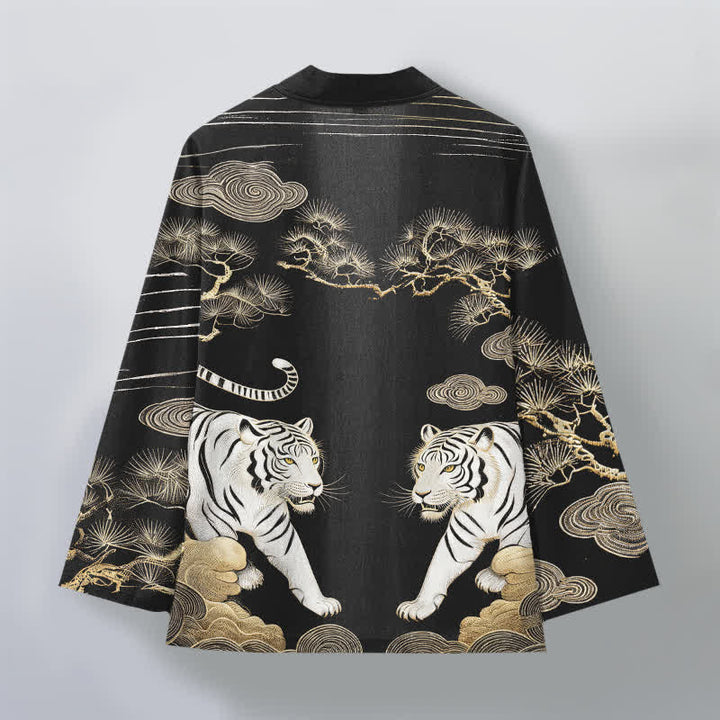 Buddha Stones Kimono de hombre con frente abierto, estampado de pino y nubes de tigre blanco, algodón. - image 11