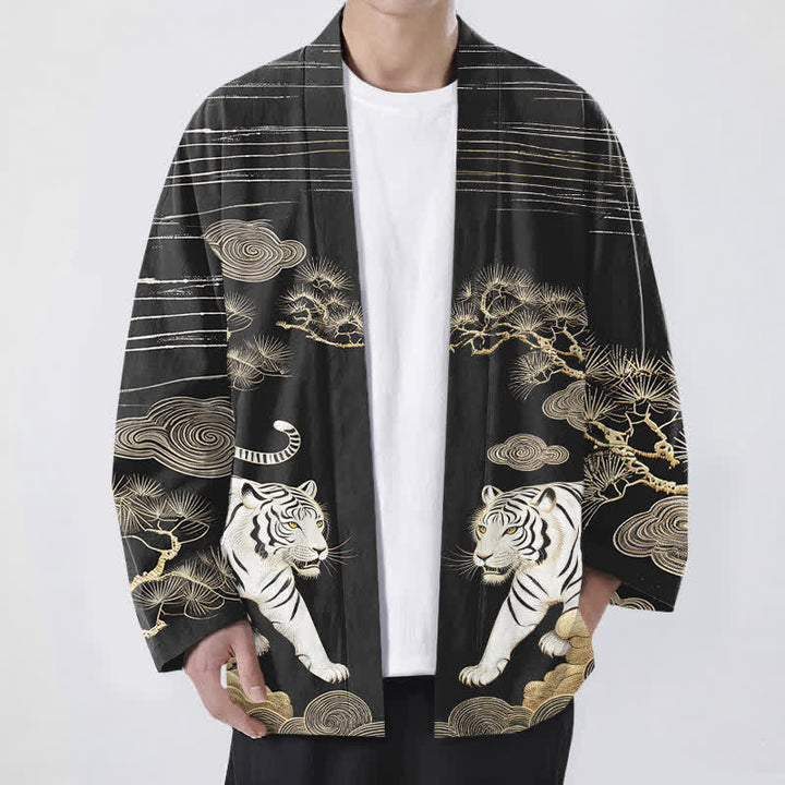 Buddha Stones Kimono de hombre con frente abierto, estampado de pino y nubes de tigre blanco, algodón. - Negro - US/UK/AU48, UE58 (4XL) - image 9