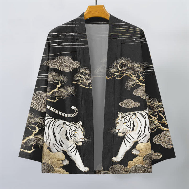 Buddha Stones Kimono de hombre con frente abierto, estampado de pino y nubes de tigre blanco, algodón. - image 10
