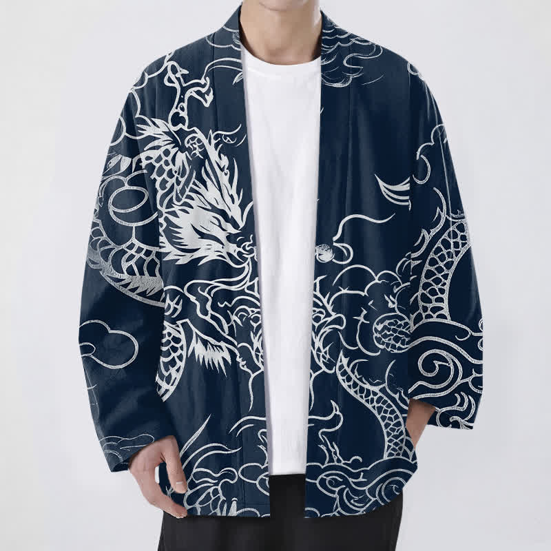 Buddha Stones Kimono de algodón con estampado tradicional de dragón y nube, abierto por delante para hombre. - Marina de guerra - US/UK/AU48, UE58 (4XL) - image 0