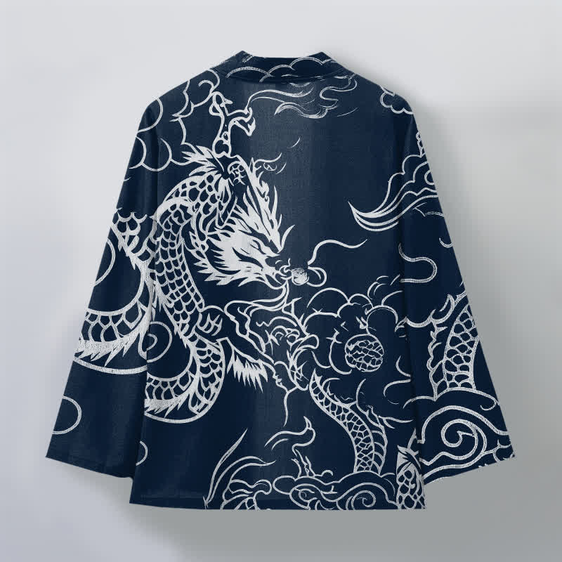 Buddha Stones Kimono de algodón con estampado tradicional de dragón y nube, abierto por delante para hombre. - image 2
