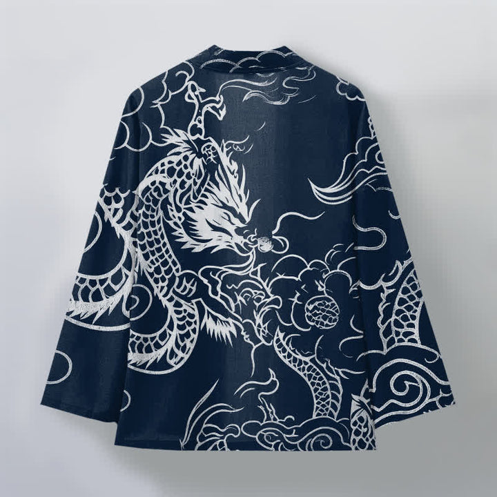 Buddha Stones Kimono de algodón con estampado tradicional de dragón y nube, abierto por delante para hombre. - image 2