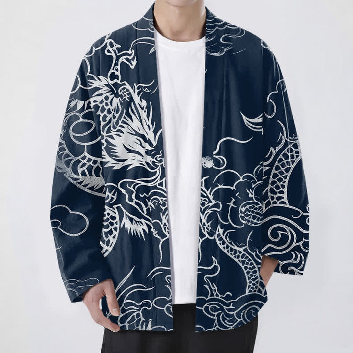 Buddha Stones Kimono de algodón con estampado tradicional de dragón y nube, abierto por delante para hombre. - Marina de guerra - US/UK/AU48, UE58 (4XL) - image 0