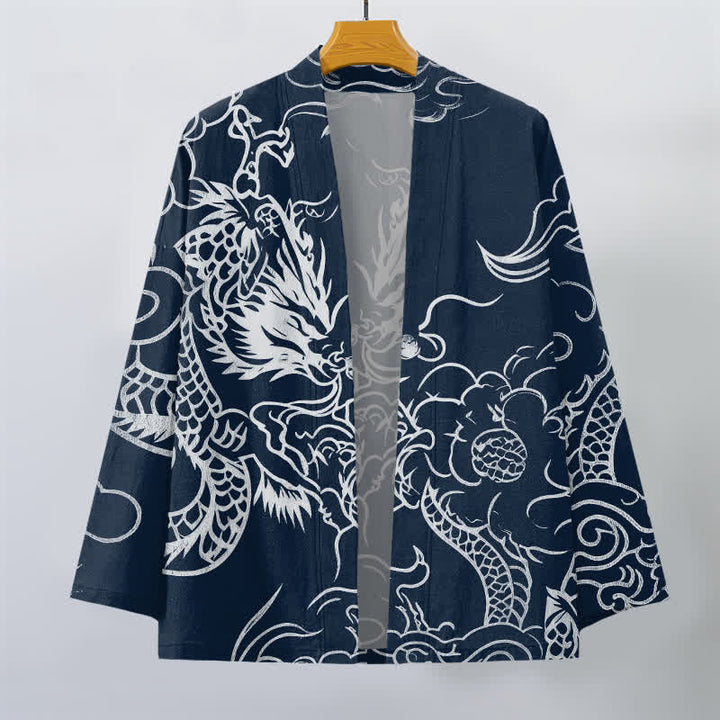 Buddha Stones Kimono de algodón con estampado tradicional de dragón y nube, abierto por delante para hombre. - image 1