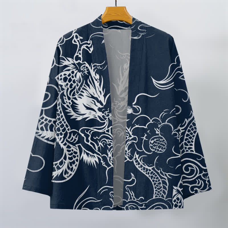Buddha Stones Kimono de algodón con estampado tradicional de dragón y nube, abierto por delante para hombre. - image 1