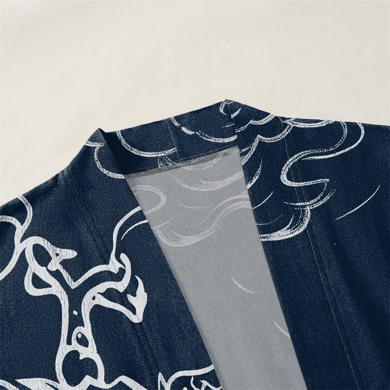 Buddha Stones Kimono de algodón con estampado tradicional de dragón y nube, abierto por delante para hombre. - image 3