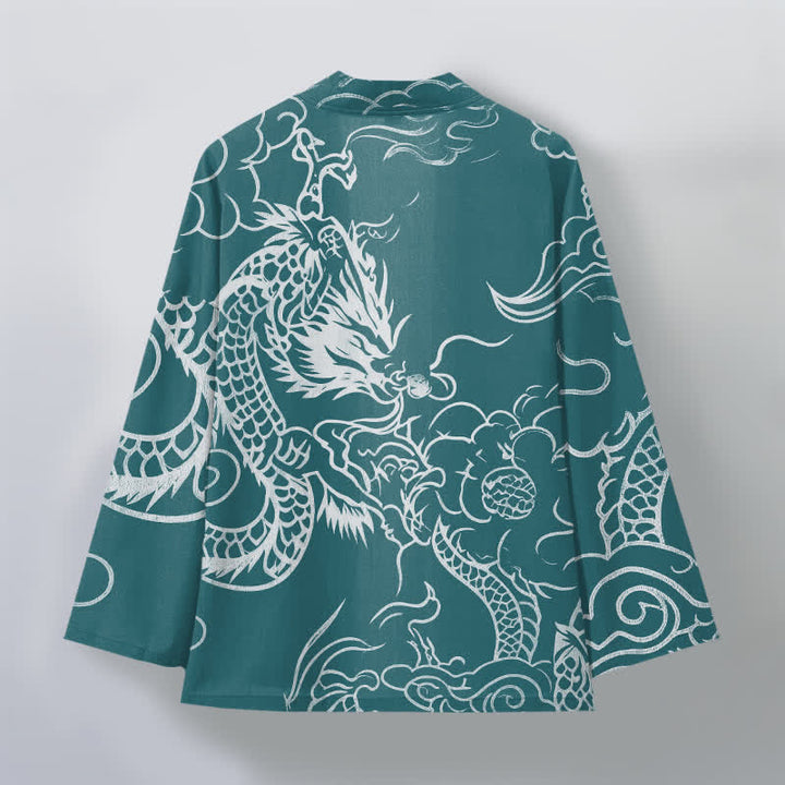 Buddha Stones Kimono de algodón con estampado tradicional de dragón y nube, abierto por delante para hombre. - image 8