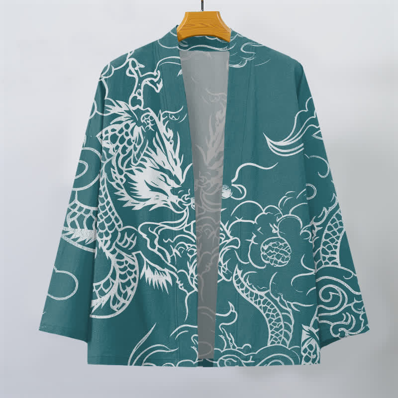 Buddha Stones Kimono de algodón con estampado tradicional de dragón y nube, abierto por delante para hombre. - image 7