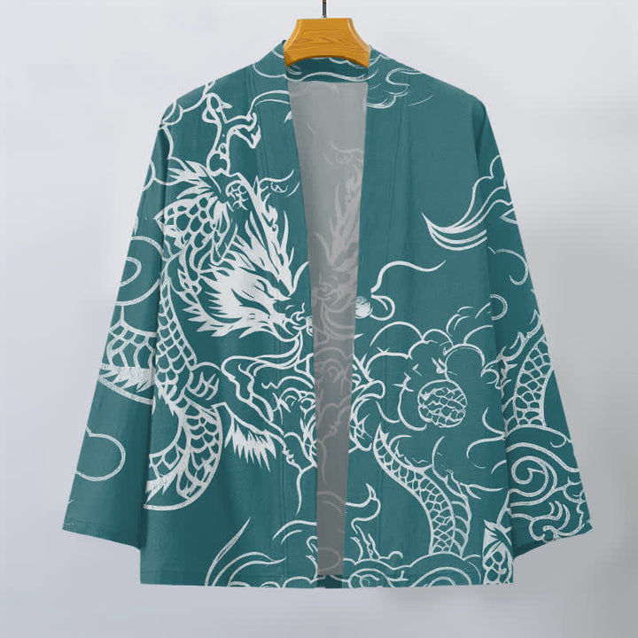 Buddha Stones Kimono de algodón con estampado tradicional de dragón y nube, abierto por delante para hombre. - image 7